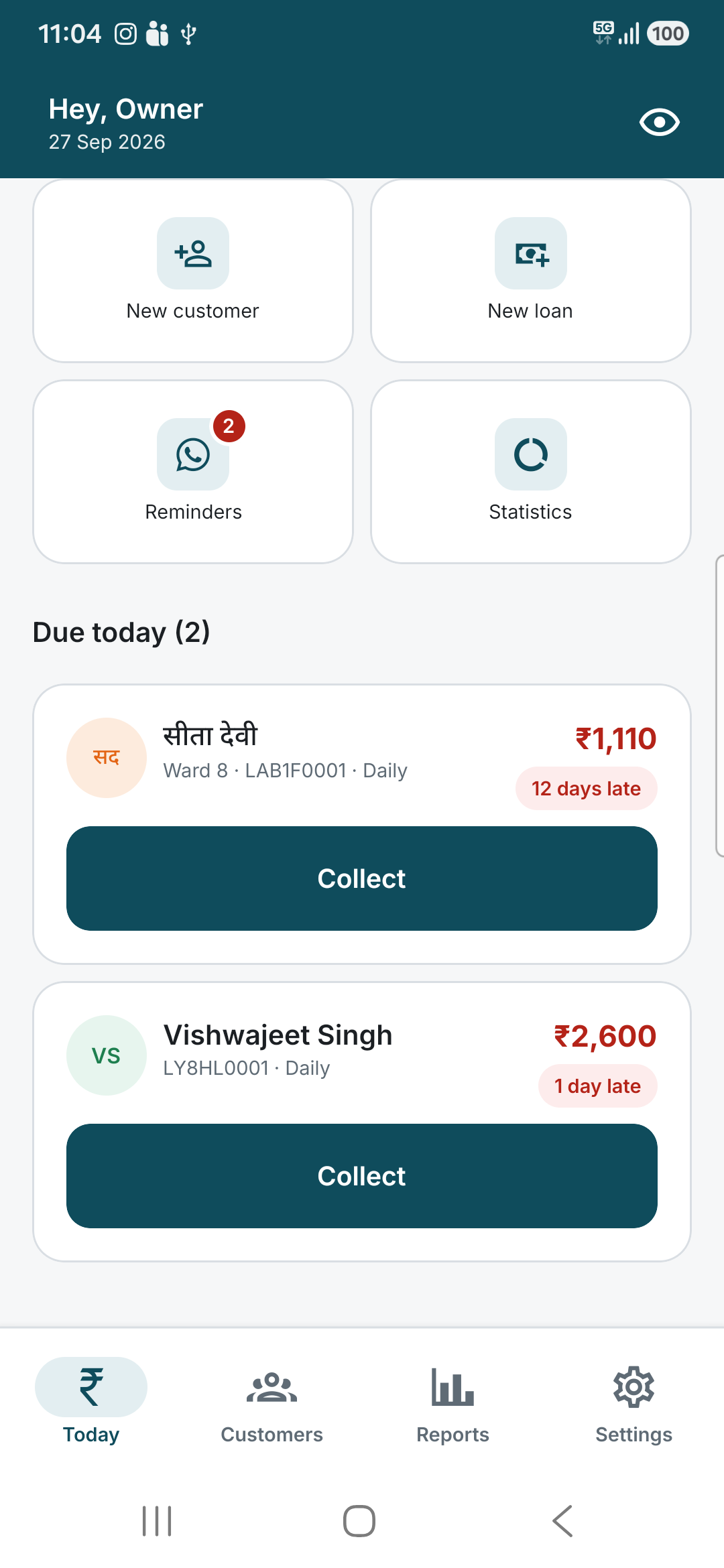 The due list showing two customers with the amount owed, days late and a Collect button