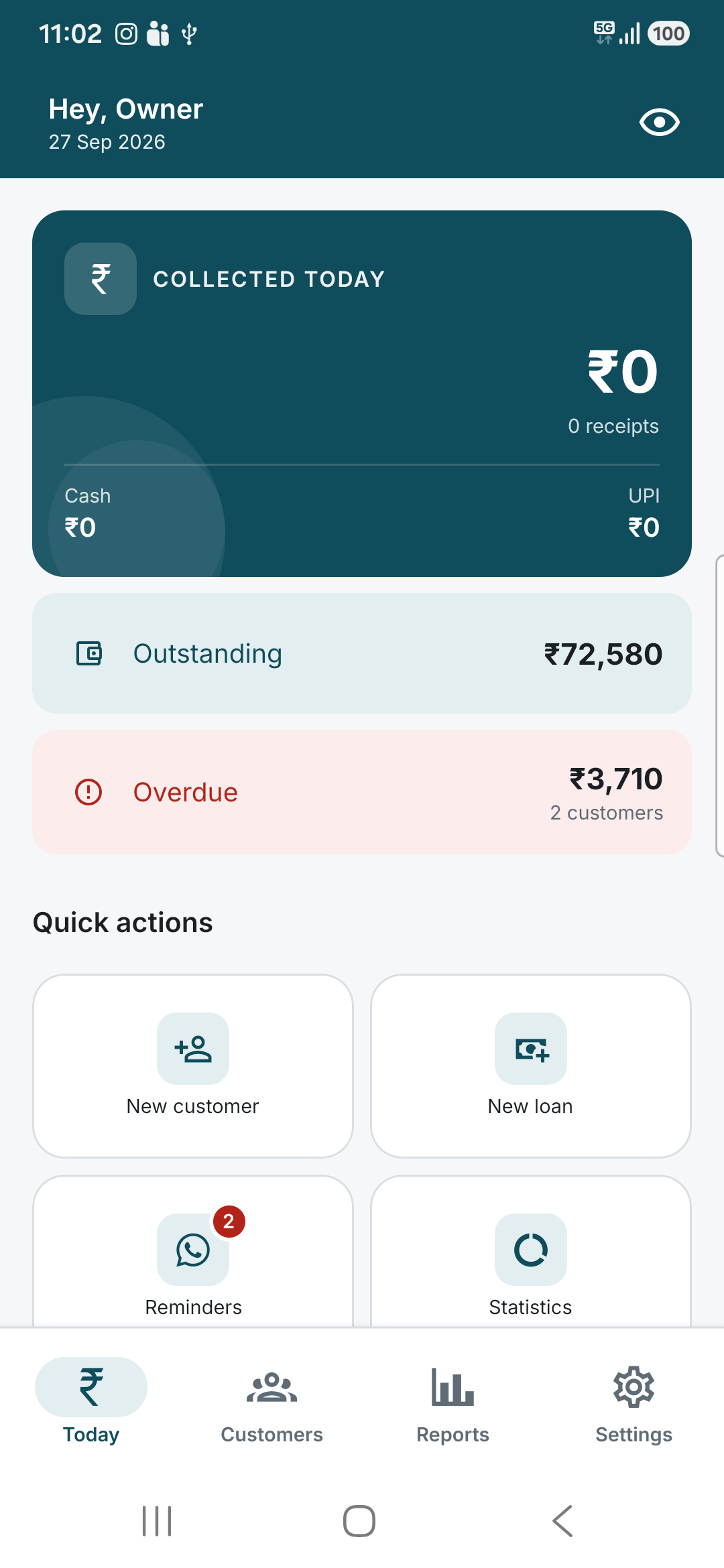 The Today screen listing customers due for collection, with outstanding and overdue totals